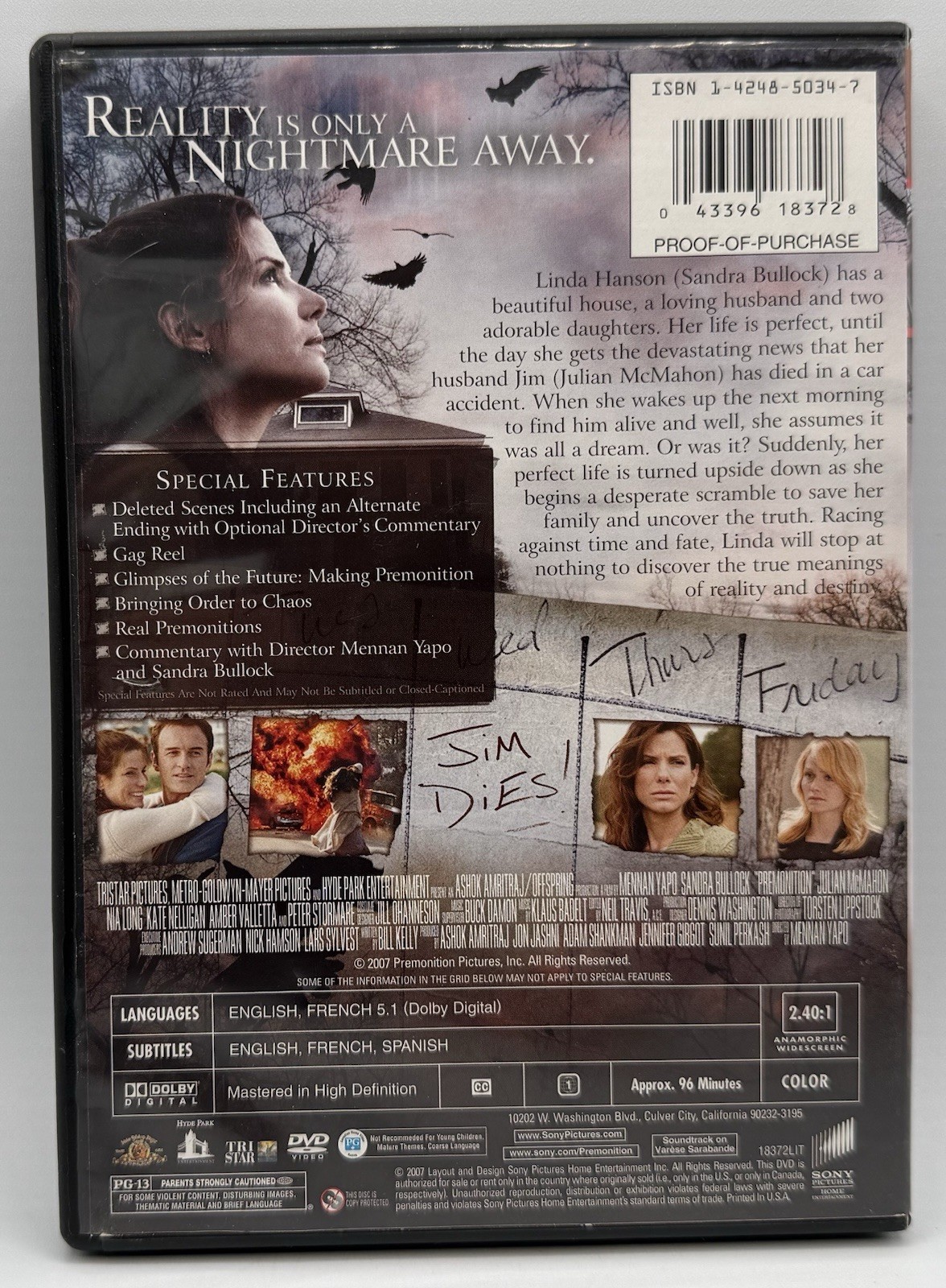 Premonition DVD Widescreen Sandra Bullock Julian McMahon Nia Long 2007