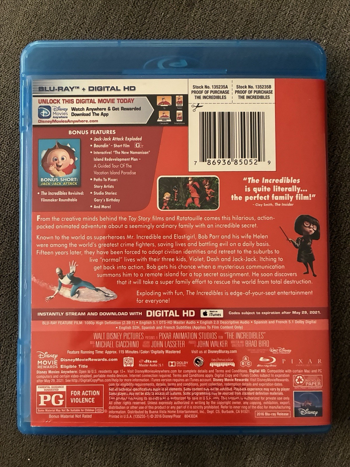 The Incredibles Blu-ray No Digital Brad Bird, Craig T Nelson