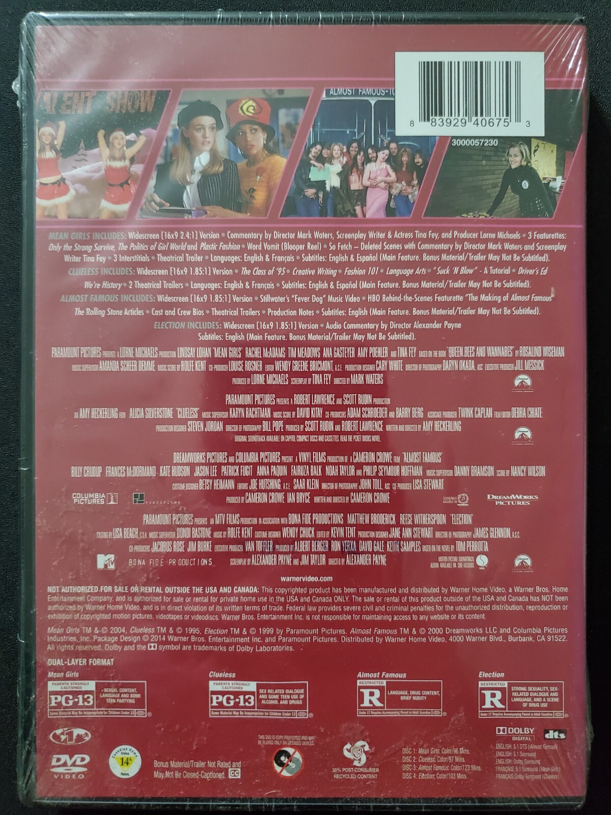 4 Film Favorites Coming of Age DVD Mean Girls, Clueless, Almost Famous, Election