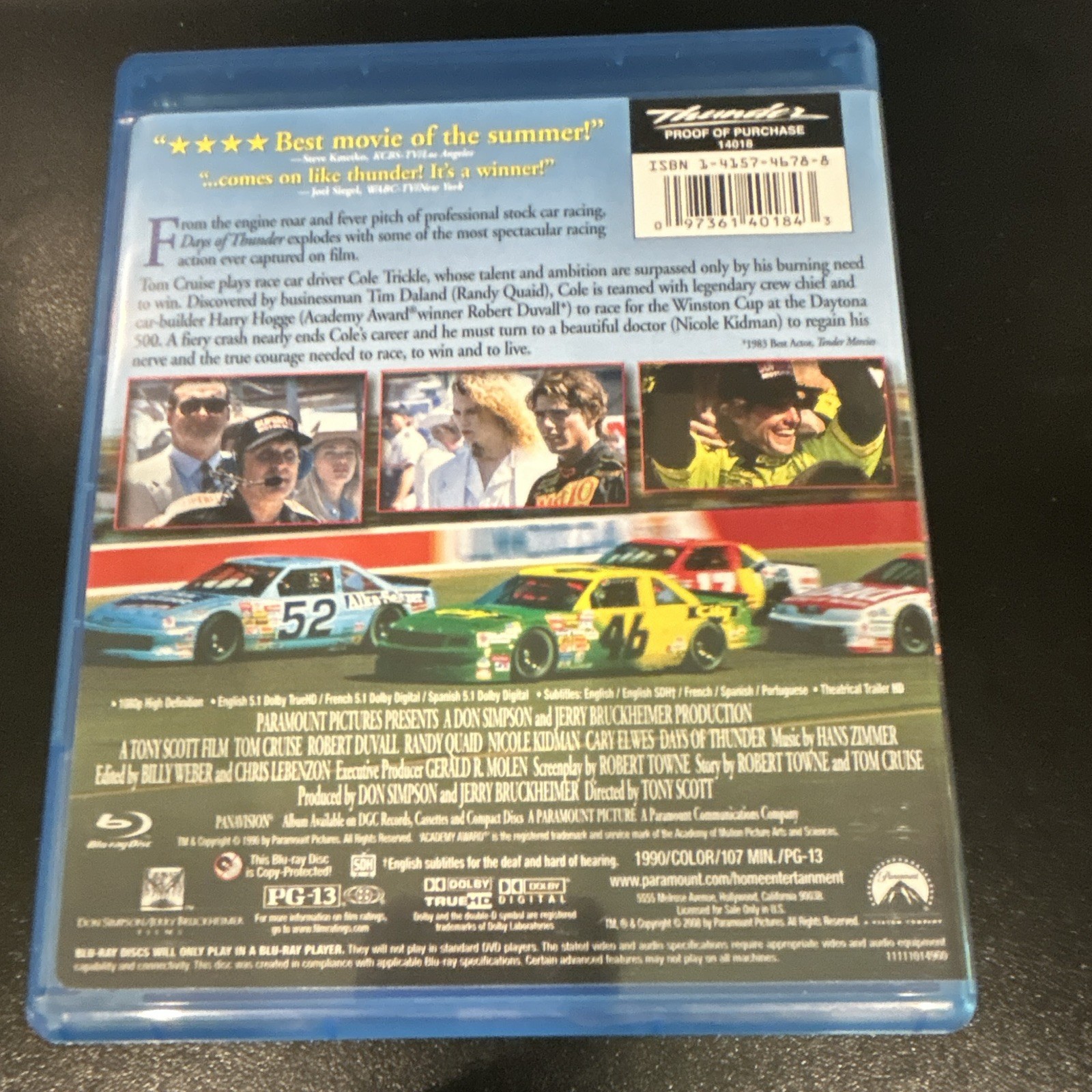 Paramount Days of Thunder Blu-ray Tom Cruise Tony Scott PG-13 WS 107m 2.35:1