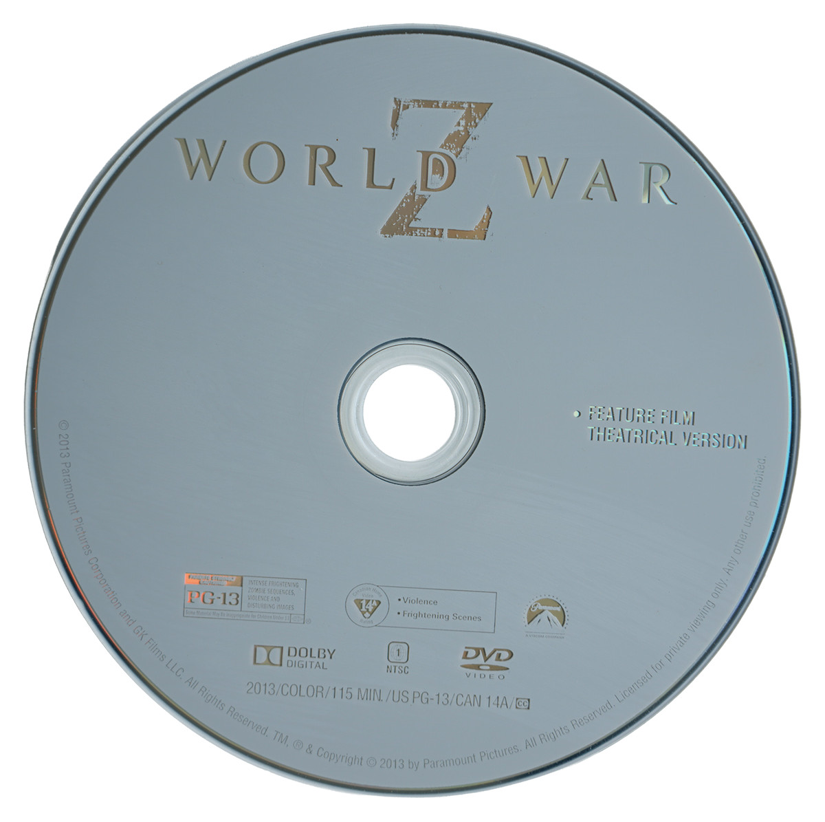 World War Z DVD 2013 Theatrical Version Brad Pitt Zombie Action Film