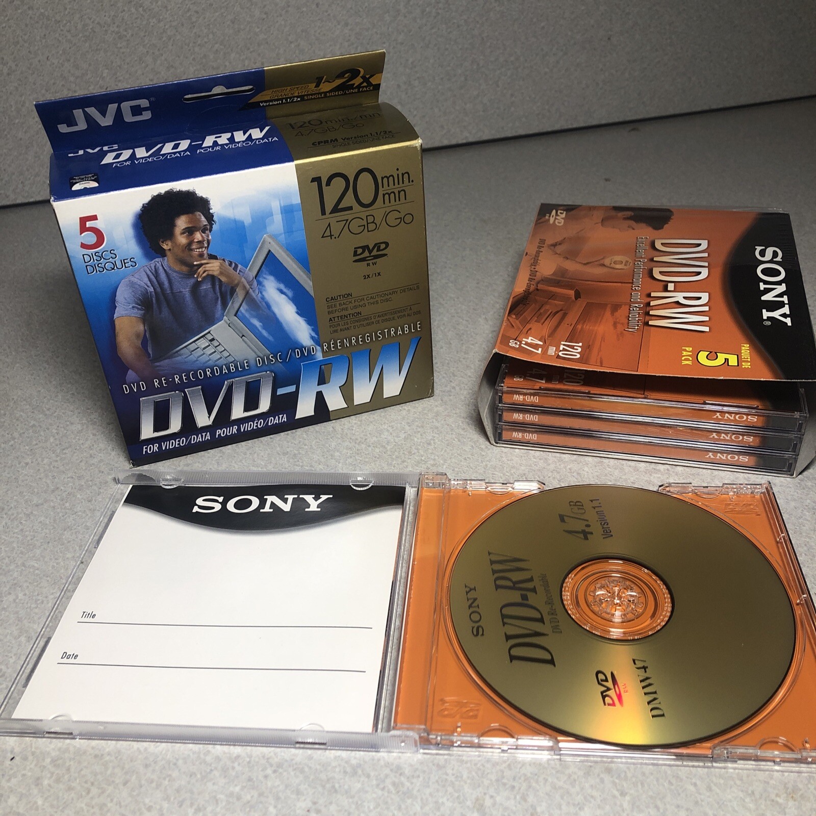 Lot Of 9 DVD-RW Sony- Opened, 4 Discs; JVC- 5 Pack New & Sealed 120 min 4.7 GB