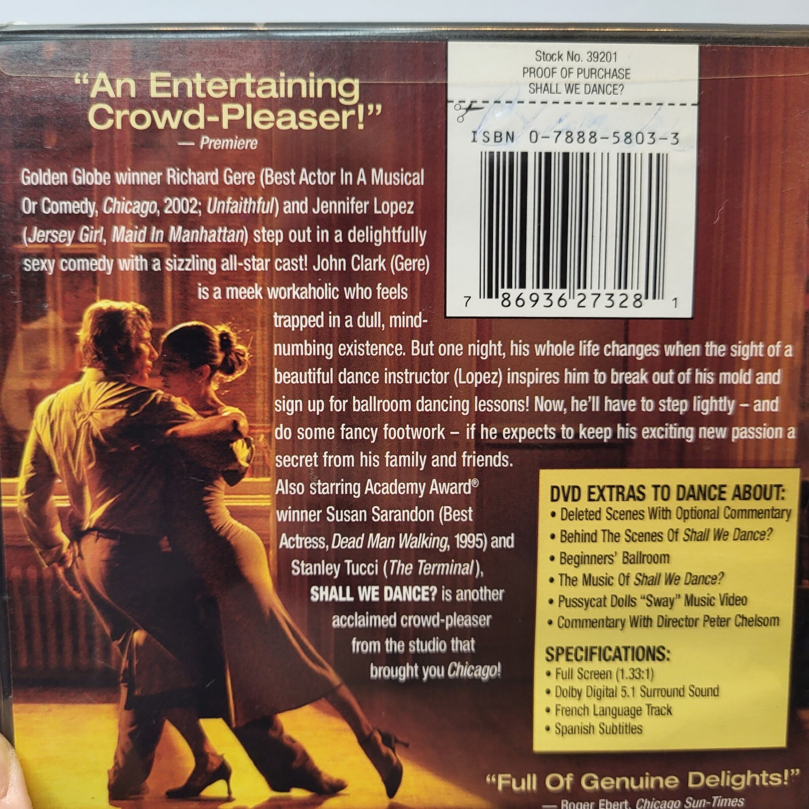 Shall We Dance DVD 2005 Full Frame Richard Gere Jennifer Lopez Susan Sarandon