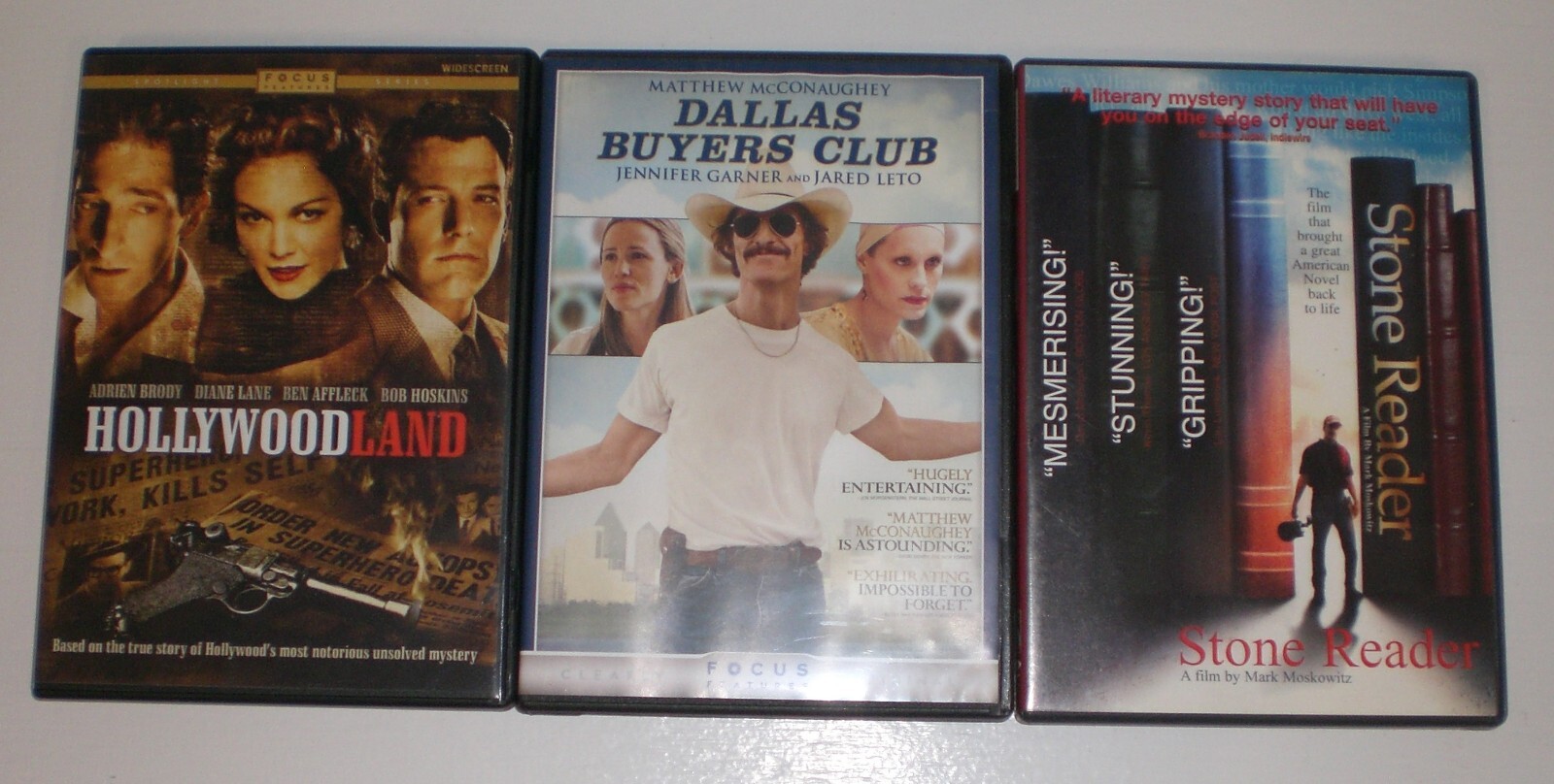 lot of 3 dvds – Hollywoodland, Dallas Buyers Club, Stone Reader – biography