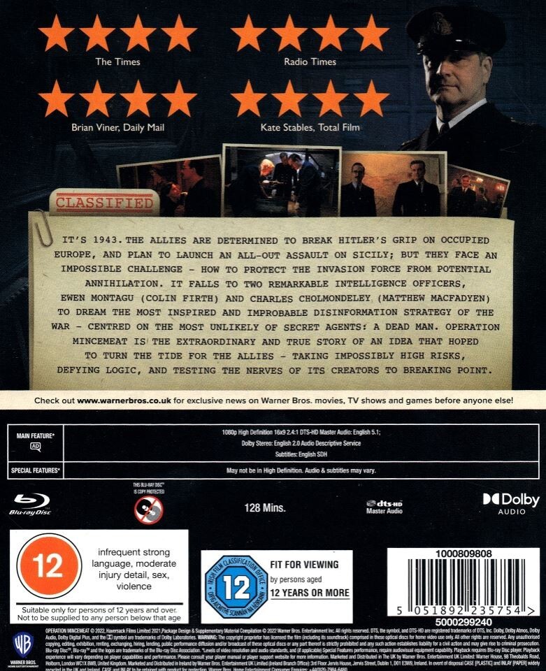 OPERATION MINCEMEAT (2021) Blu-Ray BRAND NEW Free Ship (USA Compatible)