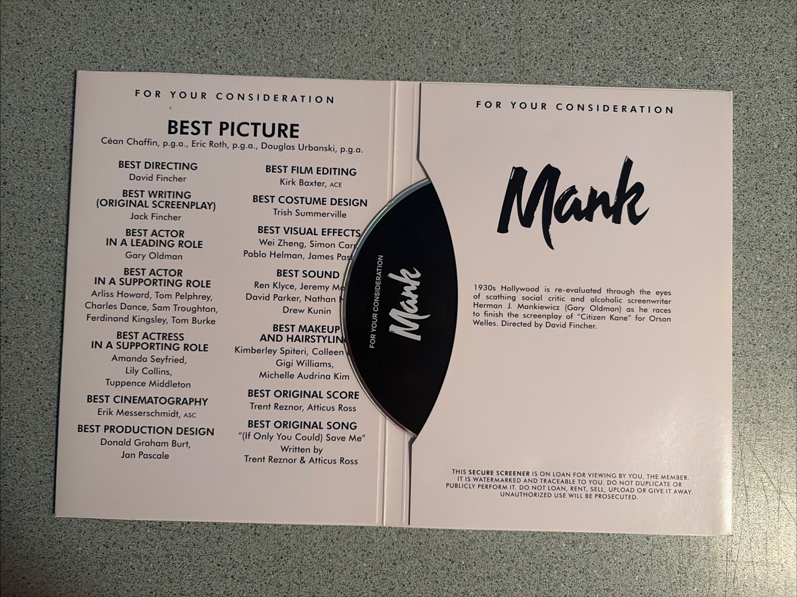 2020 MANK FYC DVD Netflix Awards Screener David Fincher Gary Oldman Movie B&W