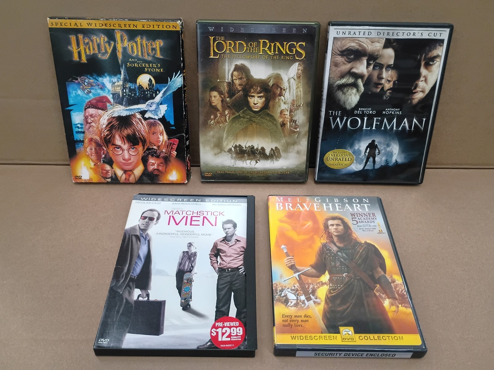 5 DVD Movie Lot- Harry Potter- LOTR- Braveheart- Wolfman- Matchstick Men