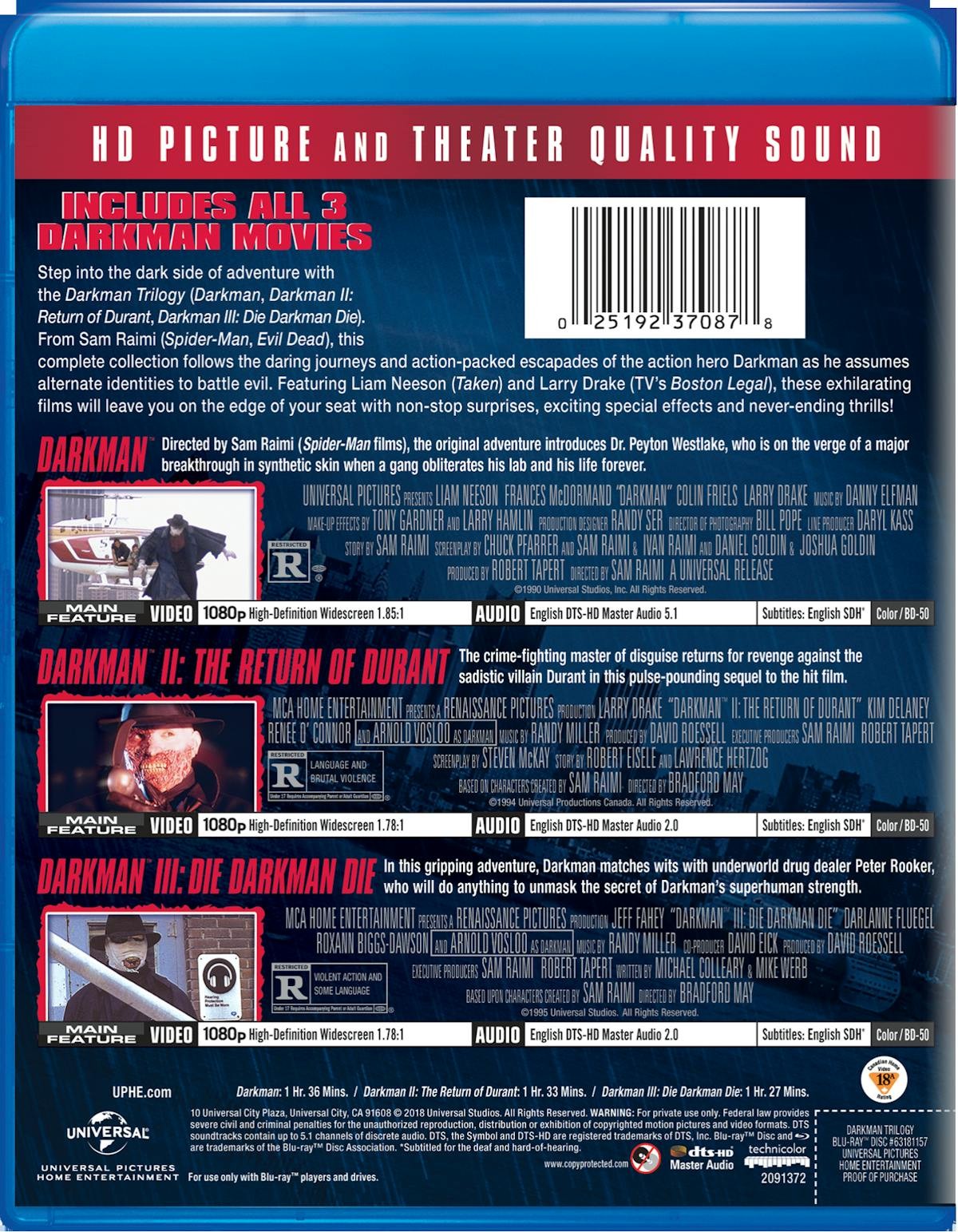 Darkman / Darkman 2 / Darkman 3 Blu-ray Jessie Lawrence Ferguson NEW