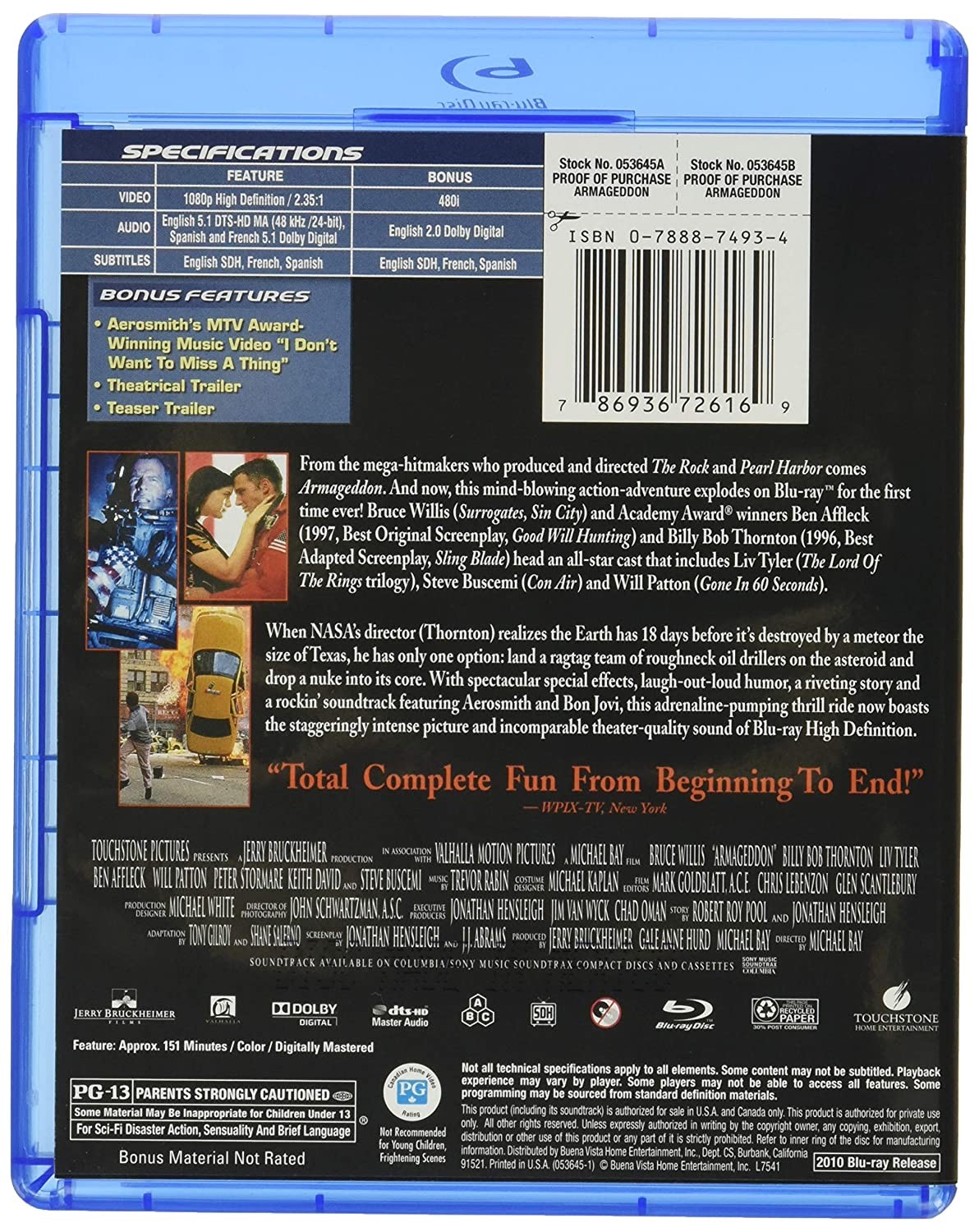 Armageddon (Blu-ray) Bruce Willis Ben Affleck Billy Bob Thornton Liv Tyler