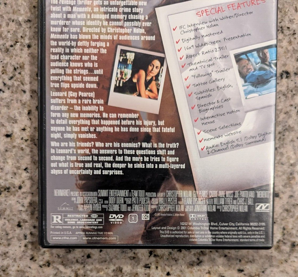 Memento (DVD, 2001) Christopher Nolan Classic Thriller VG