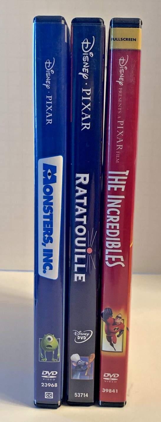 Lot of 3 Disney PIXAR Children’s DVD’s – Monsters, Incredibles, Ratatouille