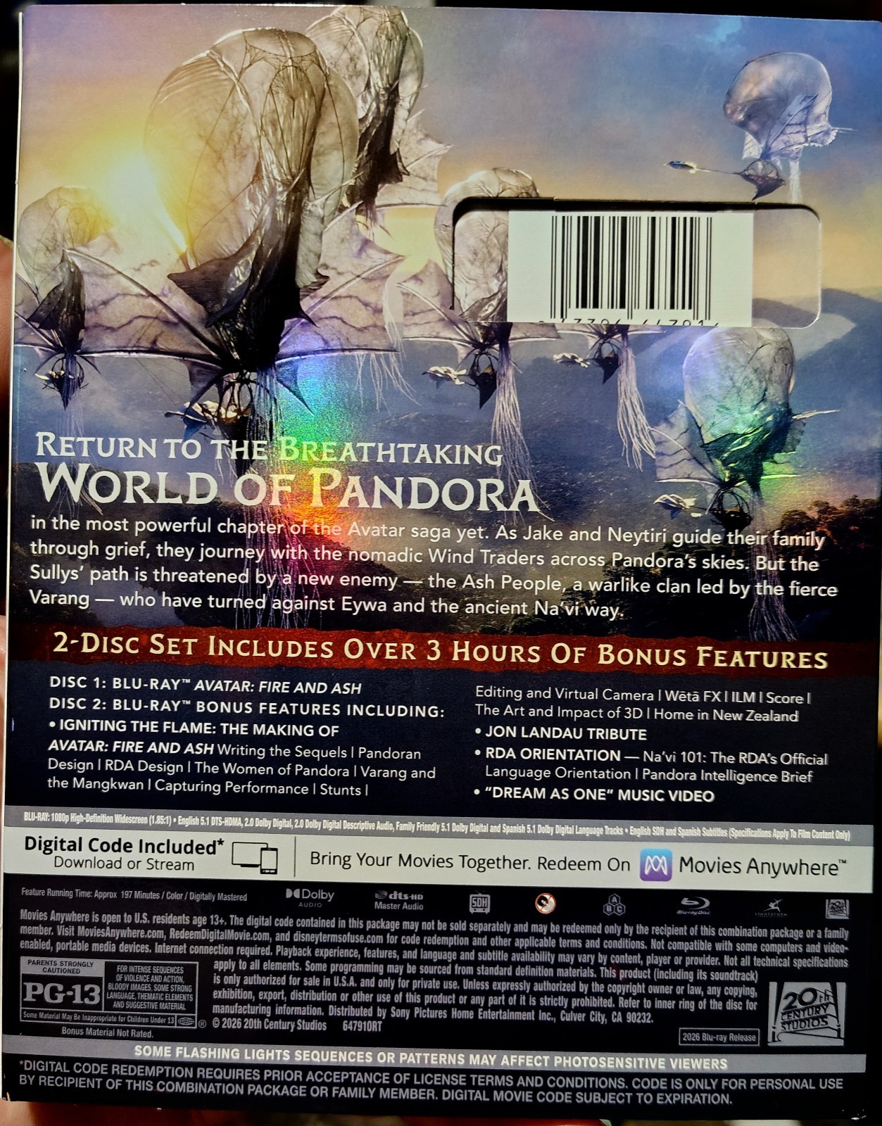 Avatar: Fire & Ash (Blu-ray + Digital, 2026) NEW W/SLIPCOVER