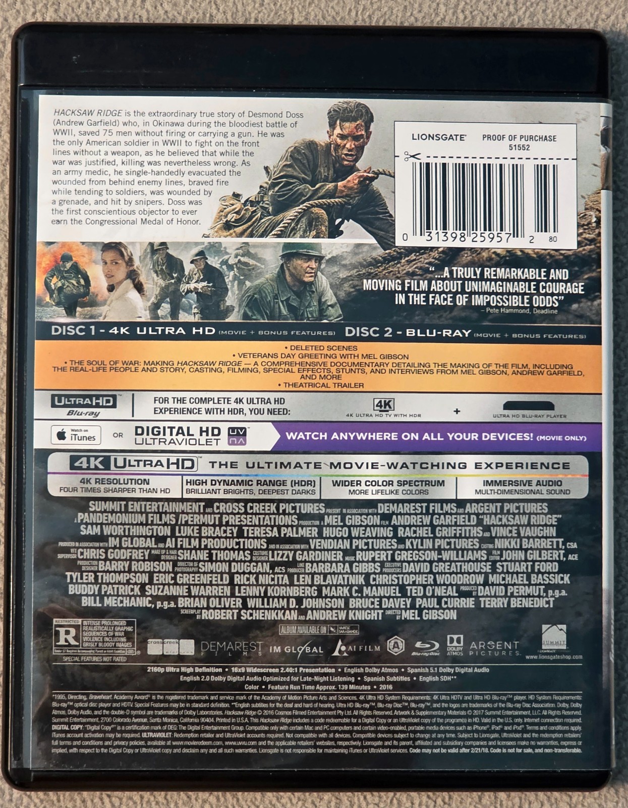 Hacksaw Ridge 4K Ultra HD & Blu-ray Region A US, Sam Worthington & Hugo Weaving