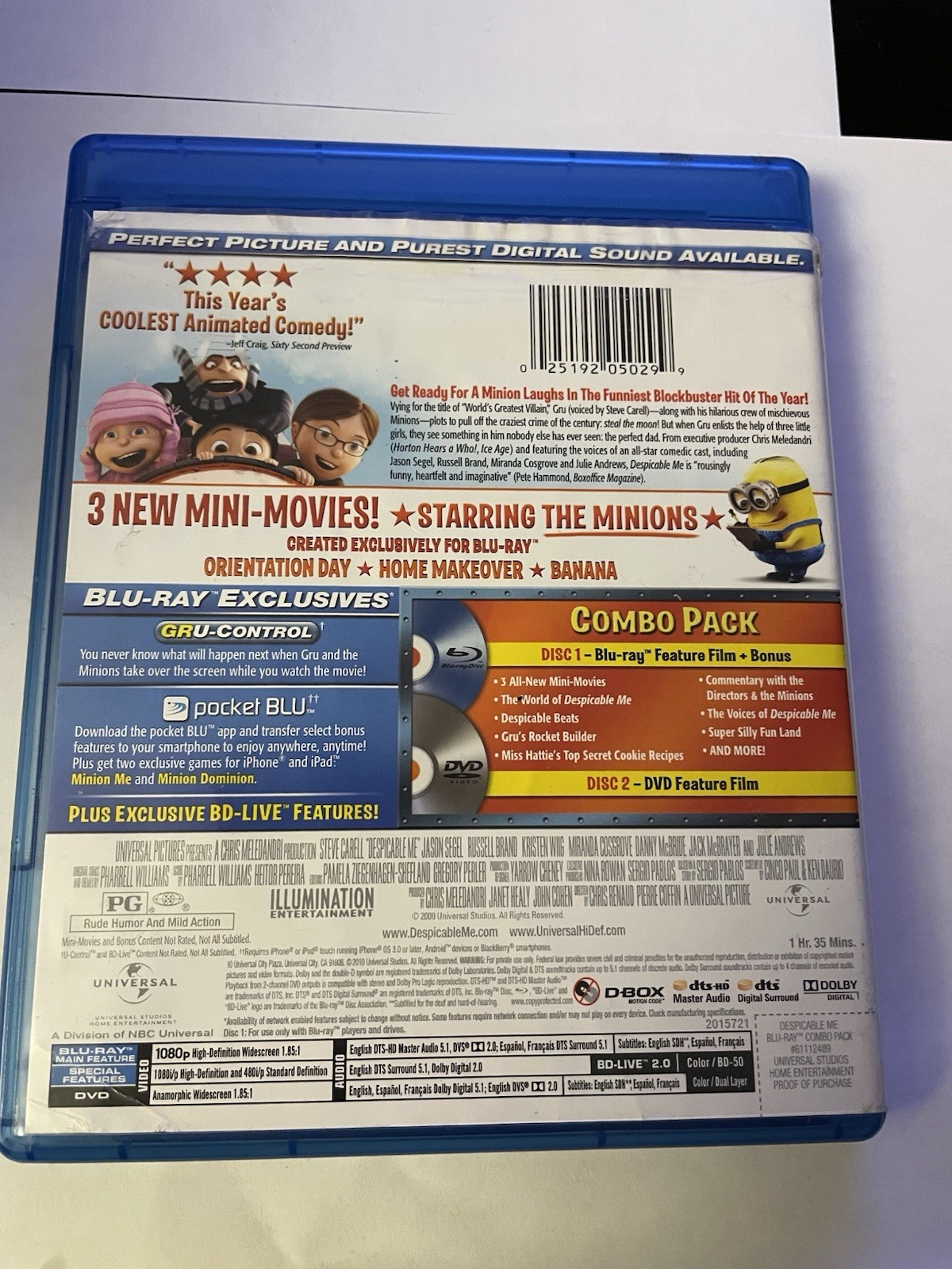 Universal Despicable Me Blu-ray/DVD PG Steve Carell Widescreen 95 Min